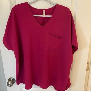 Zenana Outfitters V-Neck Short Sleeve Top - Fuchsia
